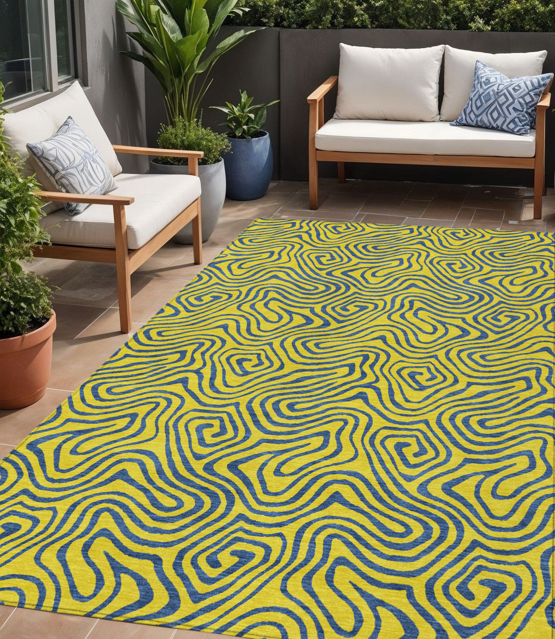 5 X 8 Yellow And Blue Abstract Washable Indoor Outdoor Area Rug