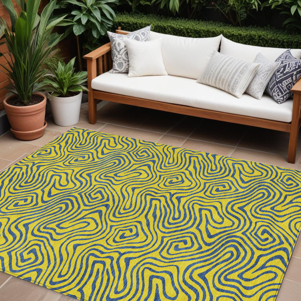9 X 12 Yellow And Blue Abstract Washable Indoor Outdoor Area Rug
