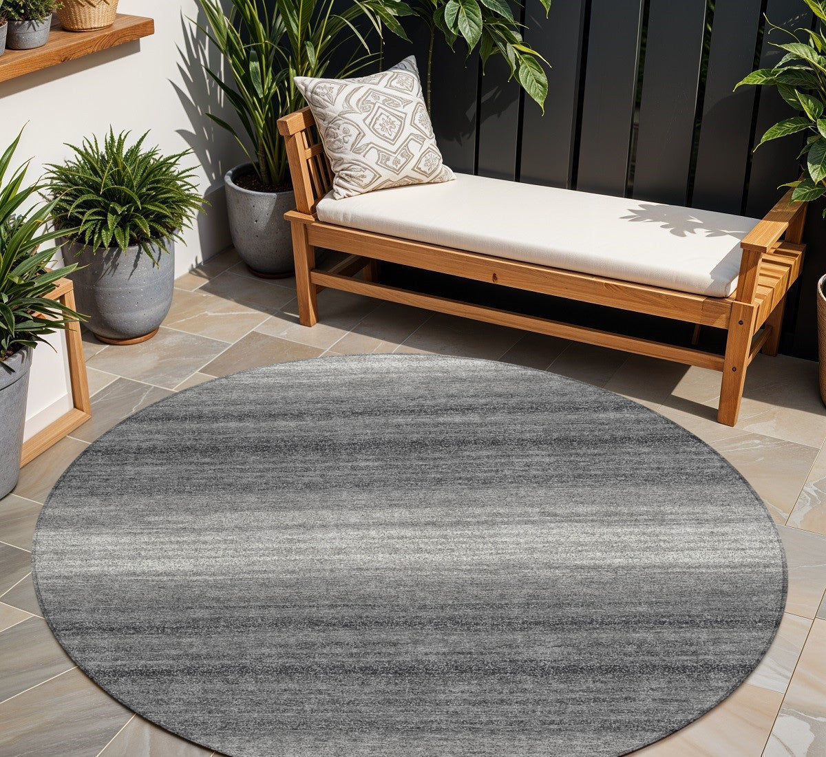 8 Gray And Charcoal Round Abstract Washable Indoor Outdoor Area Rug