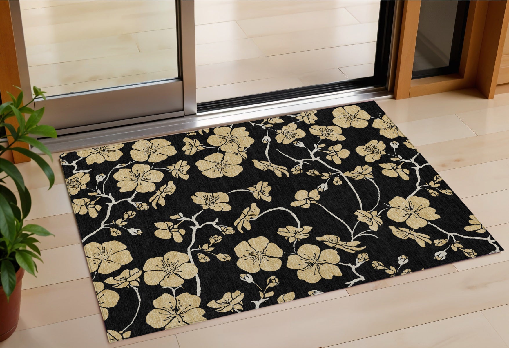 3 X 5 Black And Gold Floral Washable Indoor Outdoor Area Rug