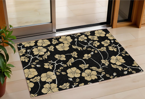 3 X 5 Black And Gold Floral Washable Indoor Outdoor Area Rug
