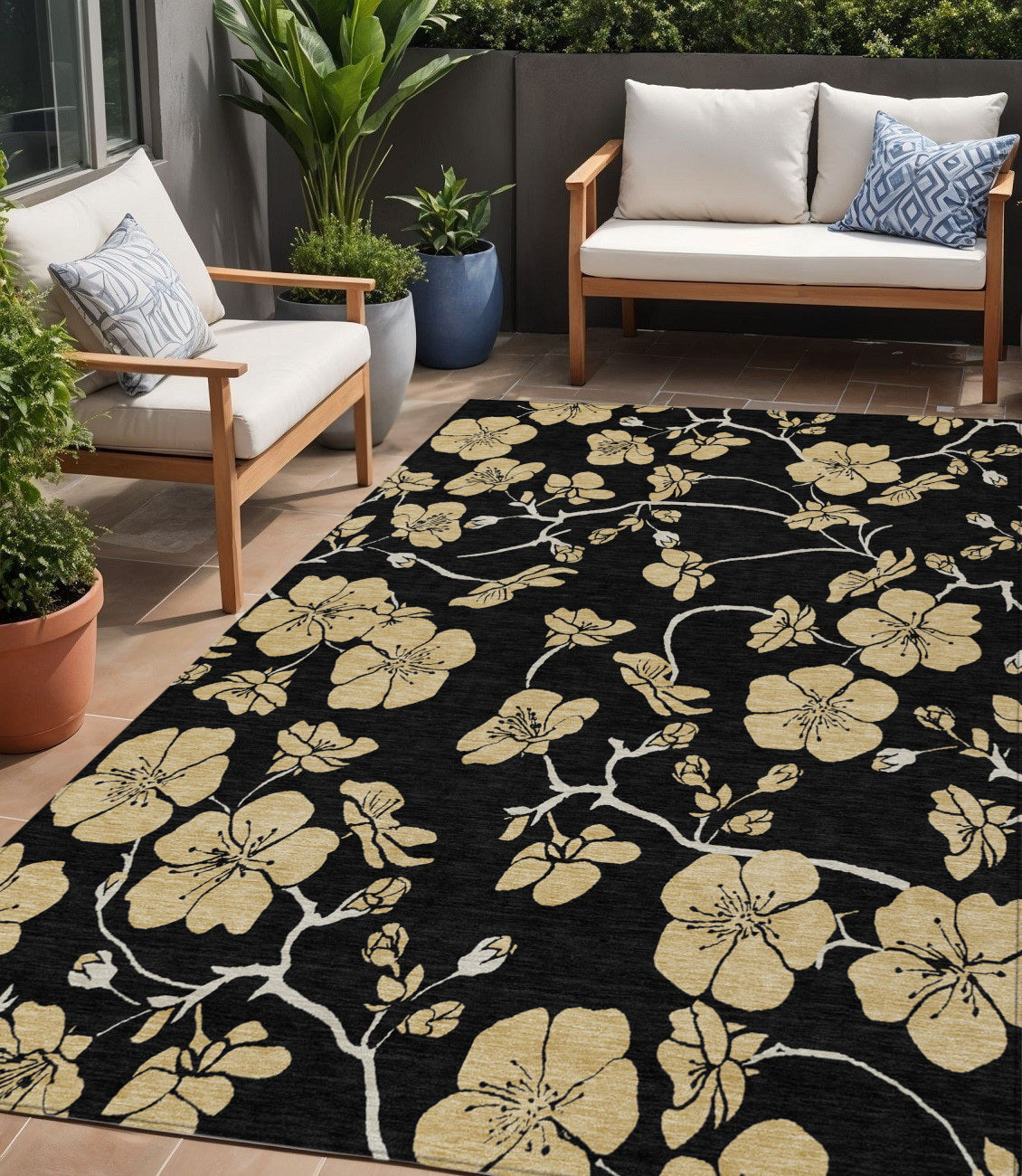 5 X 8 Black And Gold Floral Washable Indoor Outdoor Area Rug
