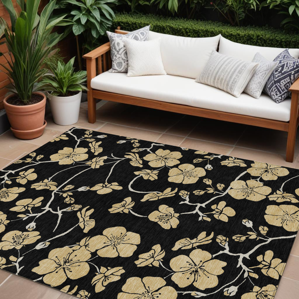 8 X 10 Black And Gold Floral Washable Indoor Outdoor Area Rug