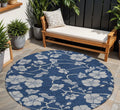 8 Navy Blue And Gray Round Floral Washable Indoor Outdoor Area Rug