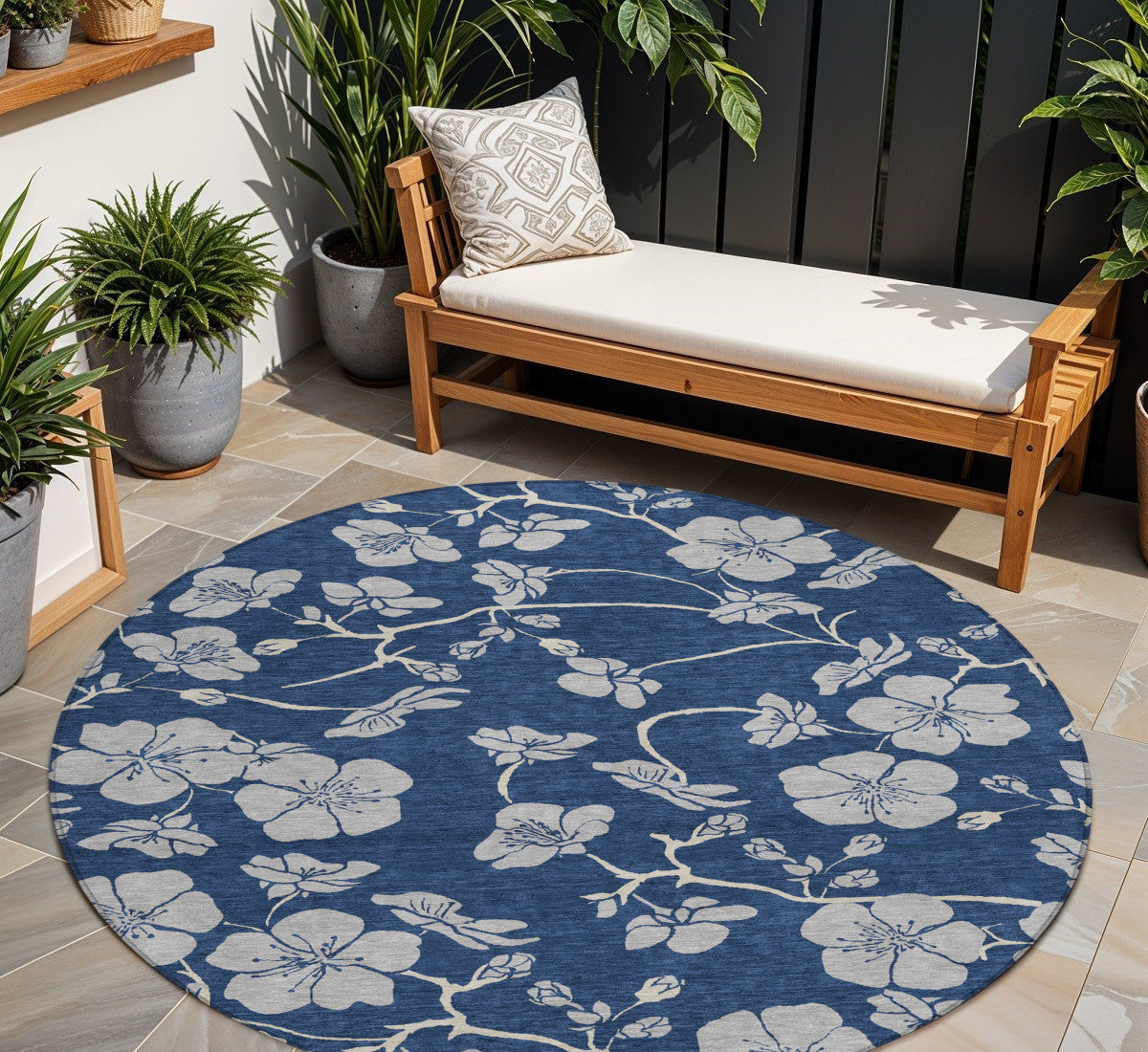 8 Navy Blue And Gray Round Floral Washable Indoor Outdoor Area Rug