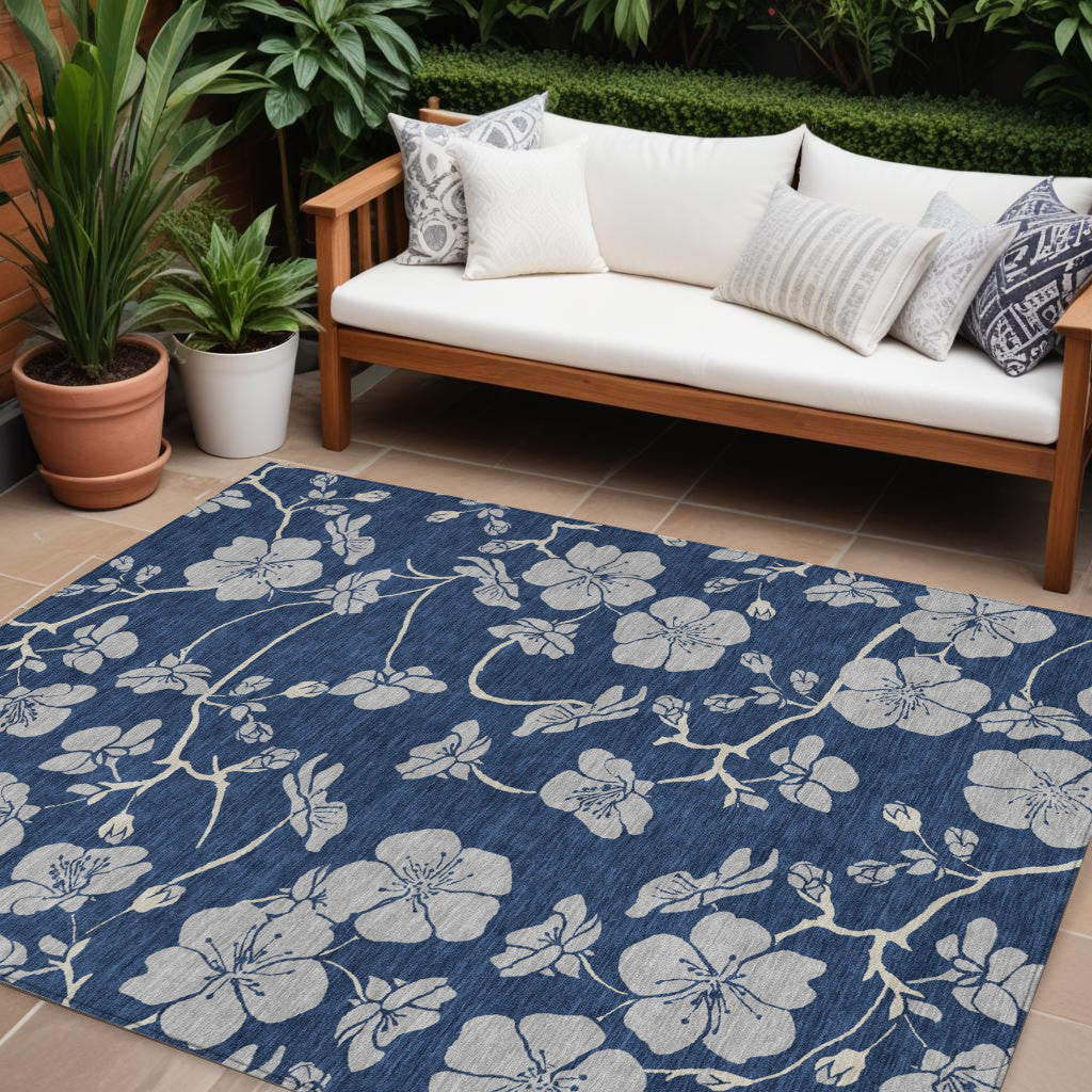 9 X 12 Navy Blue And Gray Floral Washable Indoor Outdoor Area Rug