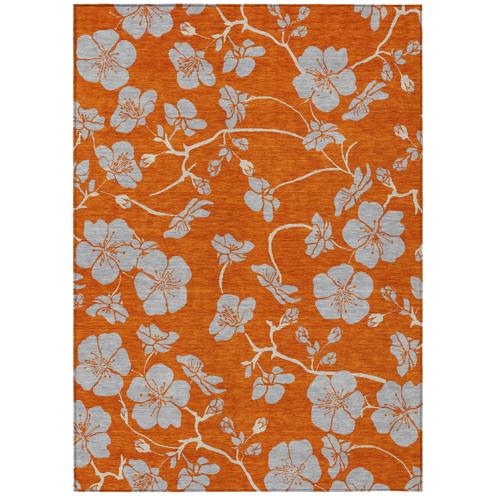 3 X 5 Orange And Gray Floral Washable Indoor Outdoor Area Rug