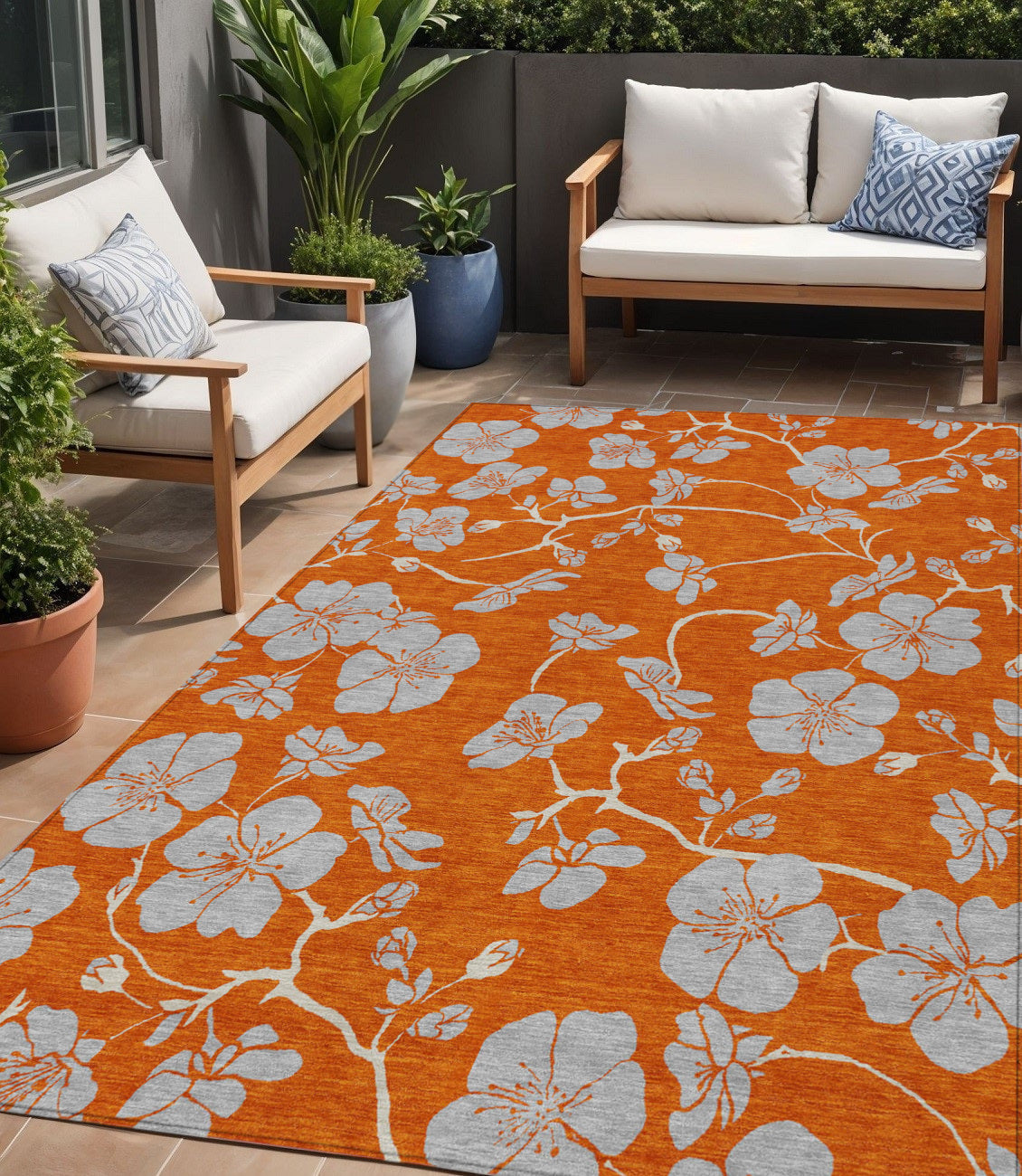 5 X 8 Orange And Gray Floral Washable Indoor Outdoor Area Rug