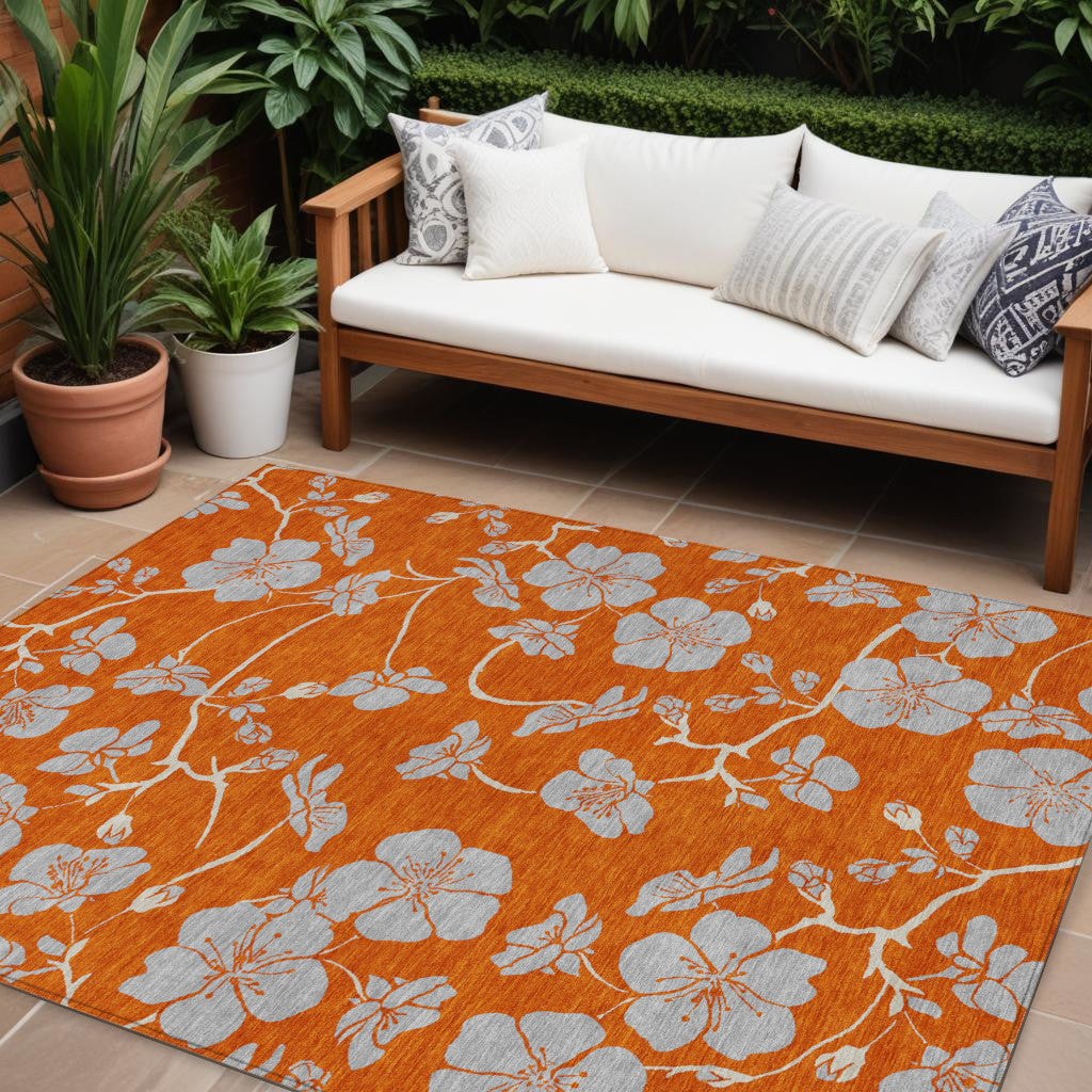 10 X 14 Orange And Gray Floral Washable Indoor Outdoor Area Rug