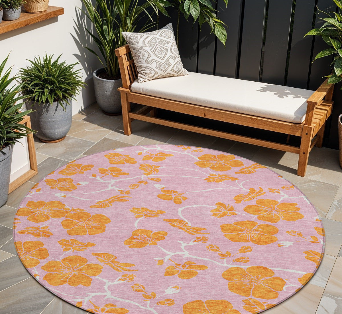 8 Pink And Copper Round Floral Washable Indoor Outdoor Area Rug