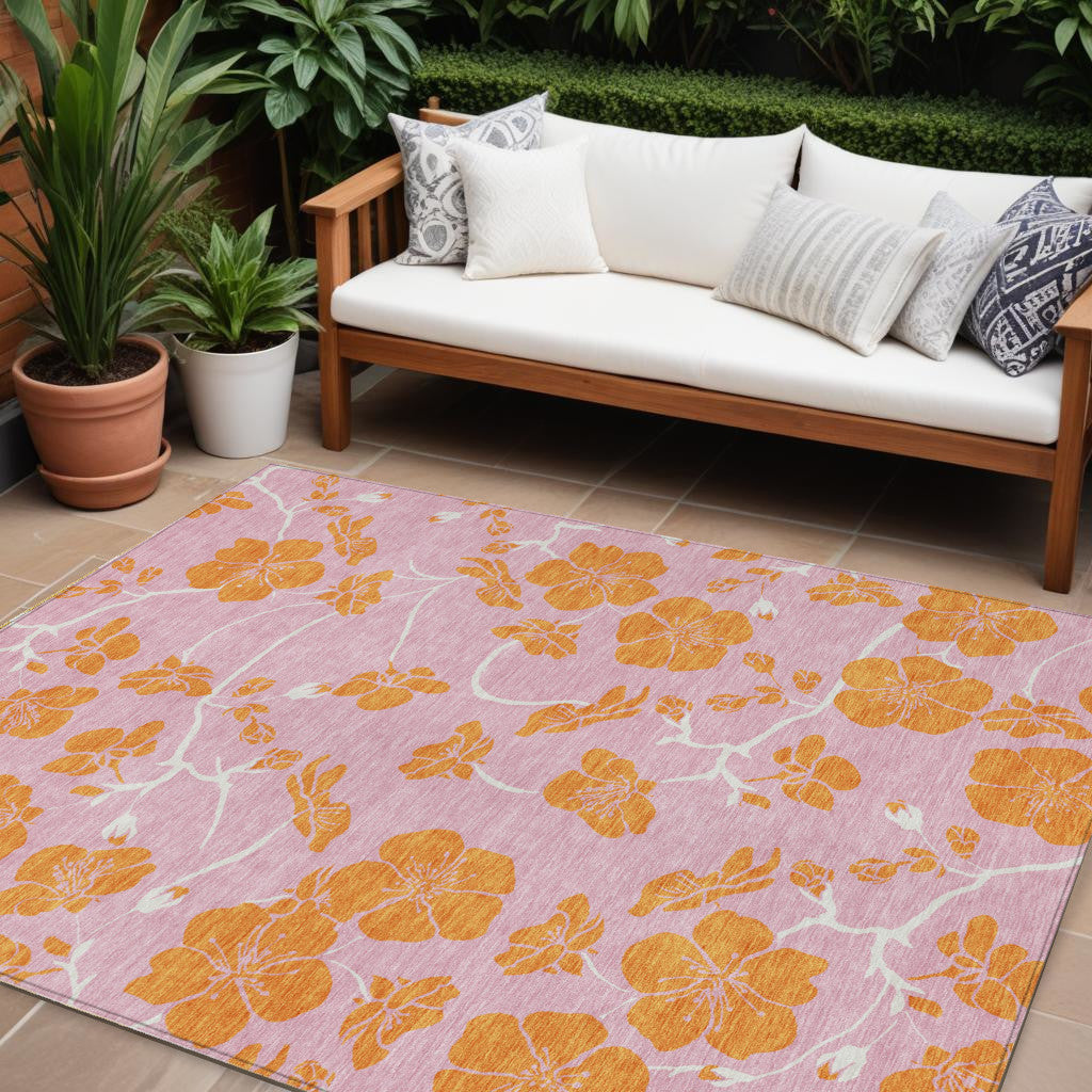 9 X 12 Pink And Copper Floral Washable Indoor Outdoor Area Rug