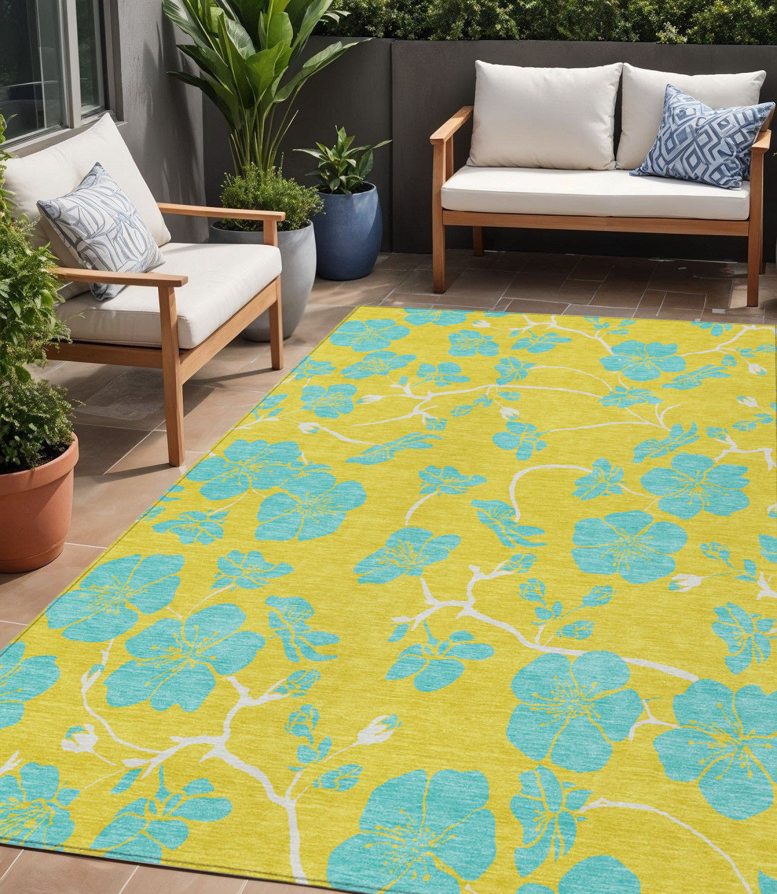 5 X 8 Yellow And Aqua Floral Washable Indoor Outdoor Area Rug
