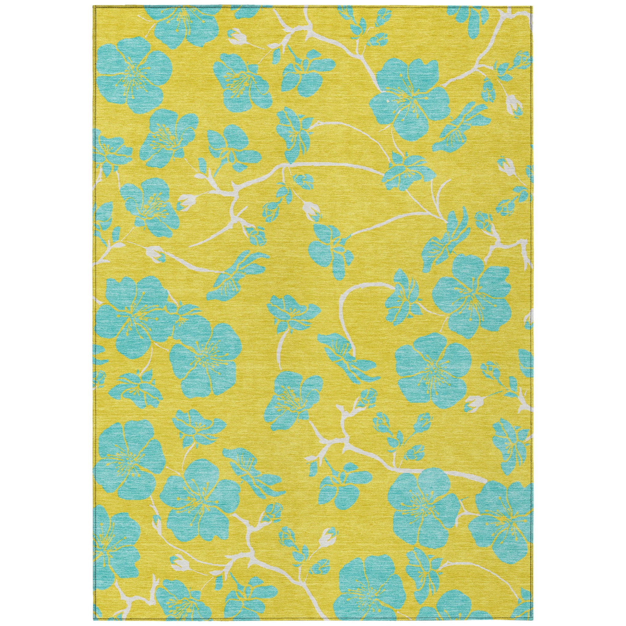 8 X 10 Yellow And Aqua Floral Washable Indoor Outdoor Area Rug