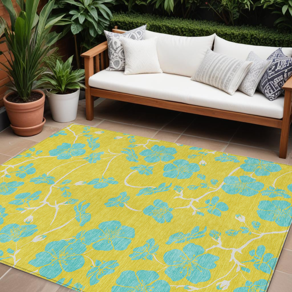 10 X 14 Yellow And Aqua Floral Washable Indoor Outdoor Area Rug