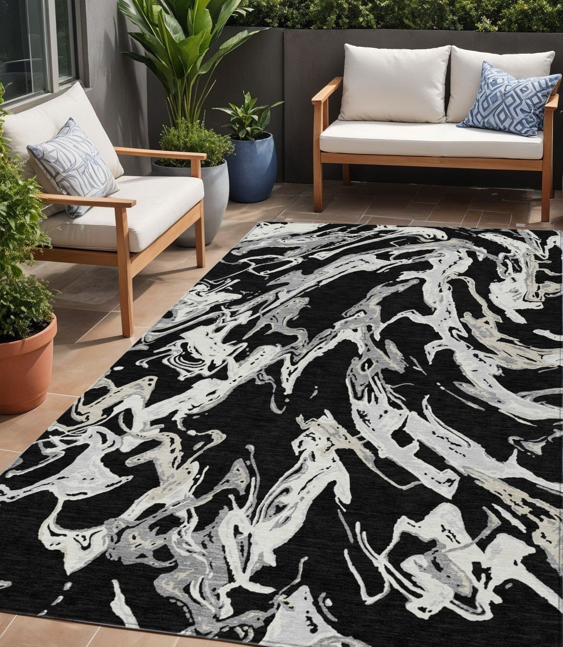 5 X 8 Black And Gray Abstract Washable Indoor Outdoor Area Rug