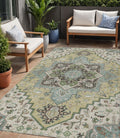 5 X 8 Beige Green And Brown Oriental Washable Indoor Outdoor Area Rug