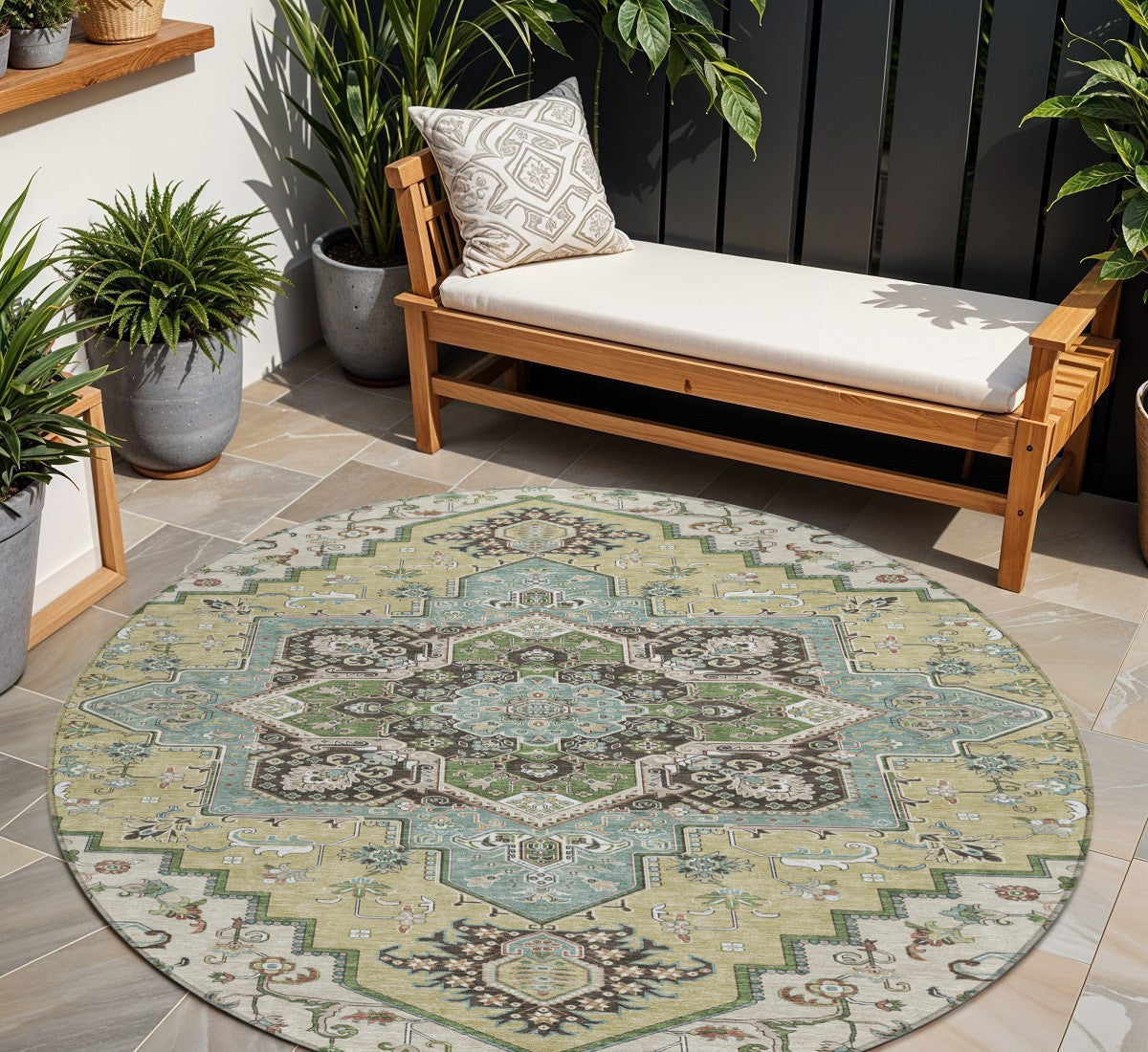 8 Beige Green And Brown Round Oriental Washable Indoor Outdoor Area Rug
