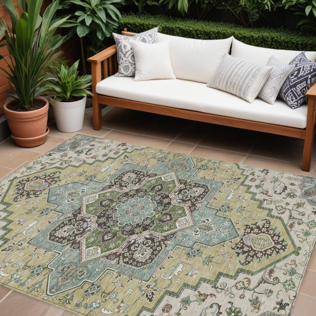9 X 12 Beige Green And Brown Oriental Washable Indoor Outdoor Area Rug