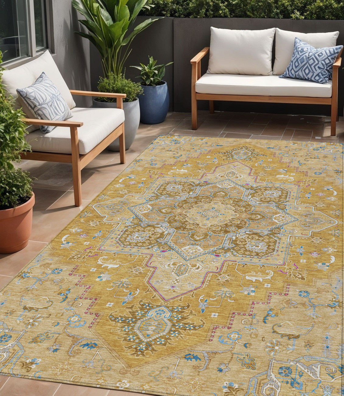5 X 8 Gold Beige And Blue Oriental Washable Indoor Outdoor Area Rug