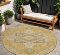 8 Gold Beige And Blue Round Oriental Washable Indoor Outdoor Area Rug