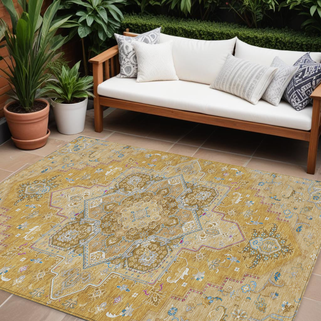9 X 12 Gold Beige And Blue Oriental Washable Indoor Outdoor Area Rug