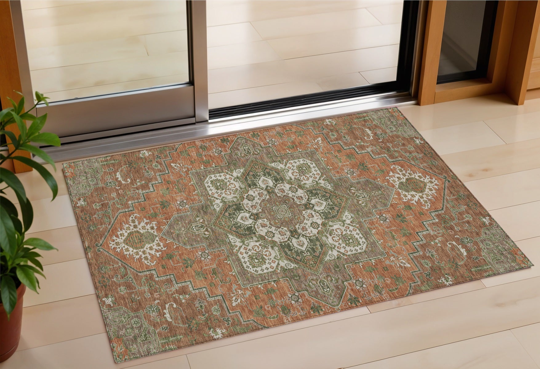 3 X 5 Rust Green And Brown Oriental Washable Indoor Outdoor Area Rug