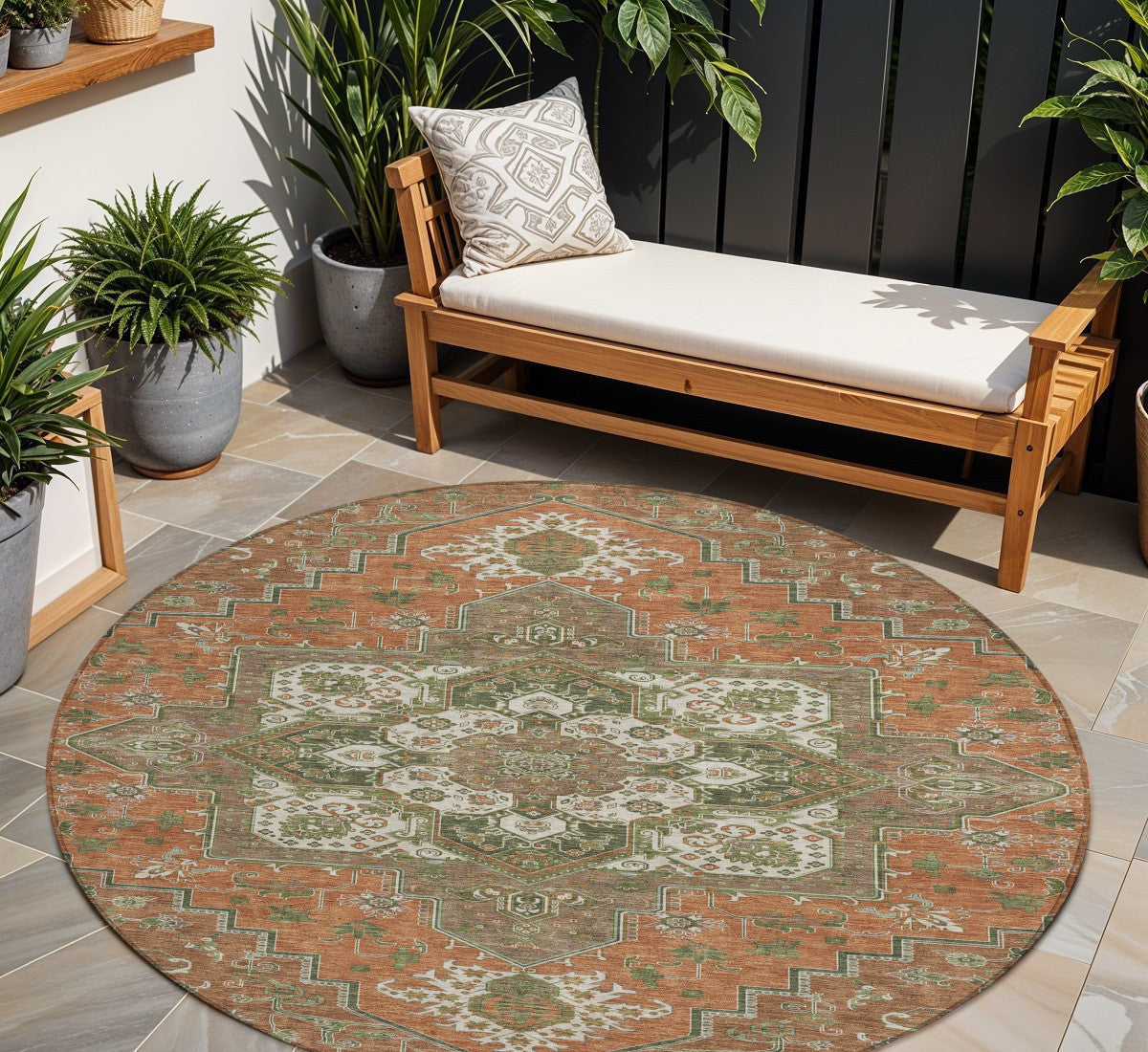 8 Rust Green And Brown Round Oriental Washable Indoor Outdoor Area Rug