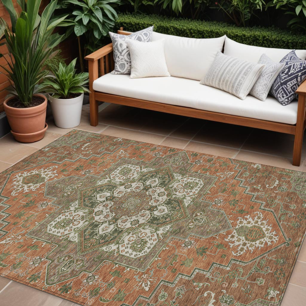 10 X 14 Rust Green And Brown Oriental Washable Indoor Outdoor Area Rug