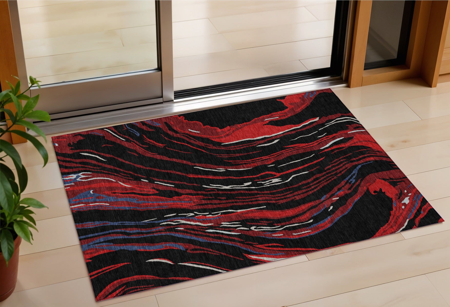 3 X 5 Black Red And Gray Abstract Washable Indoor Outdoor Area Rug