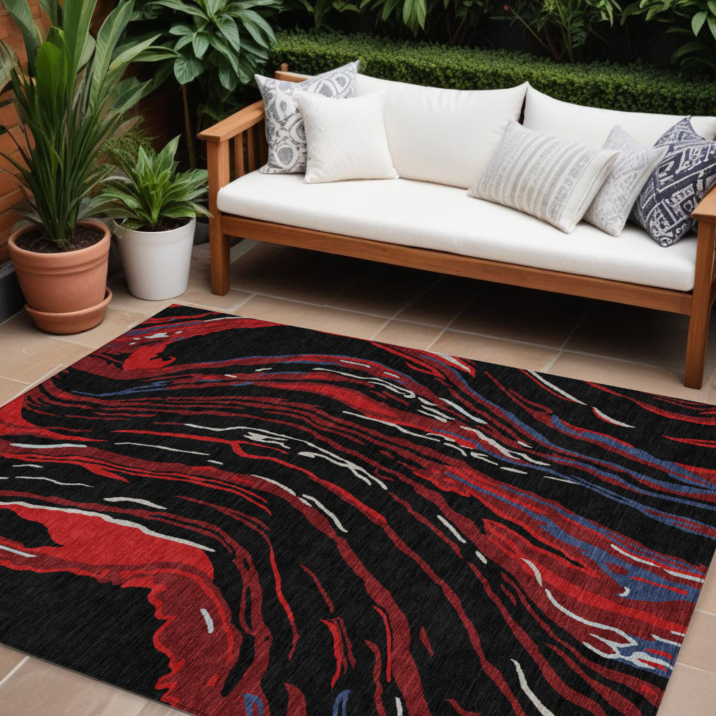 10 X 14 Black Red And Gray Abstract Washable Indoor Outdoor Area Rug