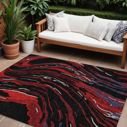 10 X 14 Black Red And Gray Abstract Washable Indoor Outdoor Area Rug