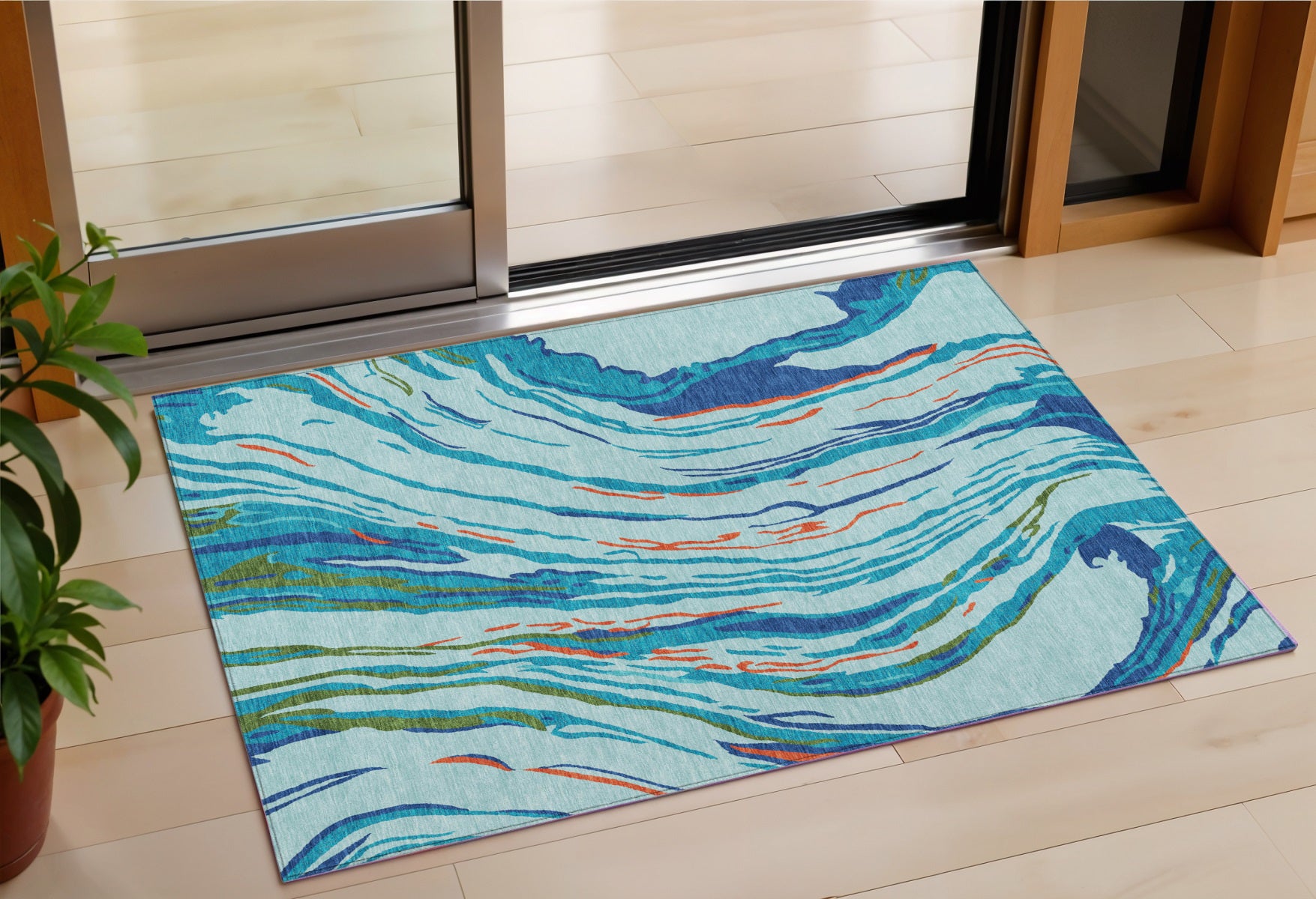 3 X 5 Blue Pink And Green Abstract Washable Indoor Outdoor Area Rug