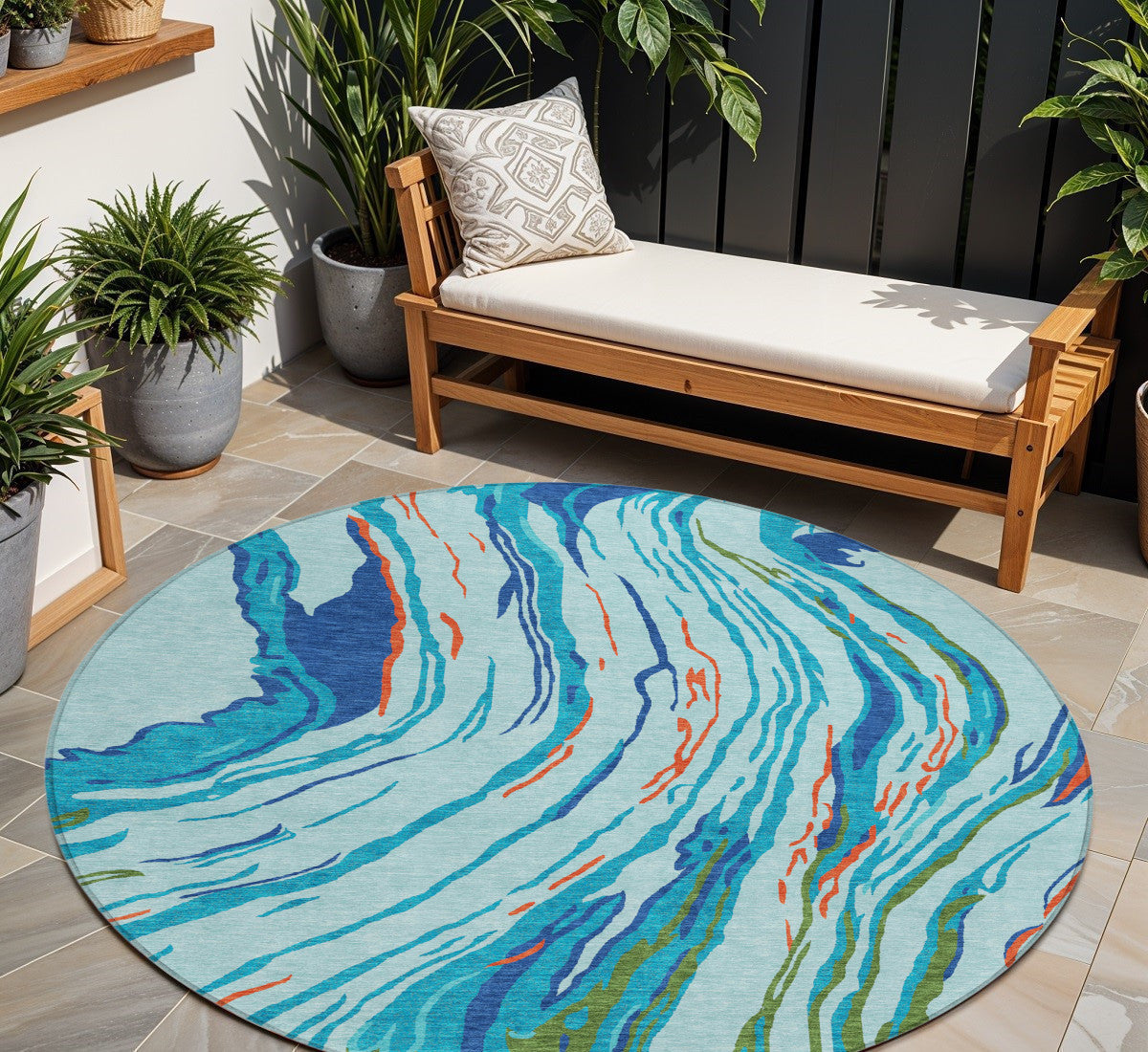 8 Blue Pink And Green Round Abstract Washable Indoor Outdoor Area Rug