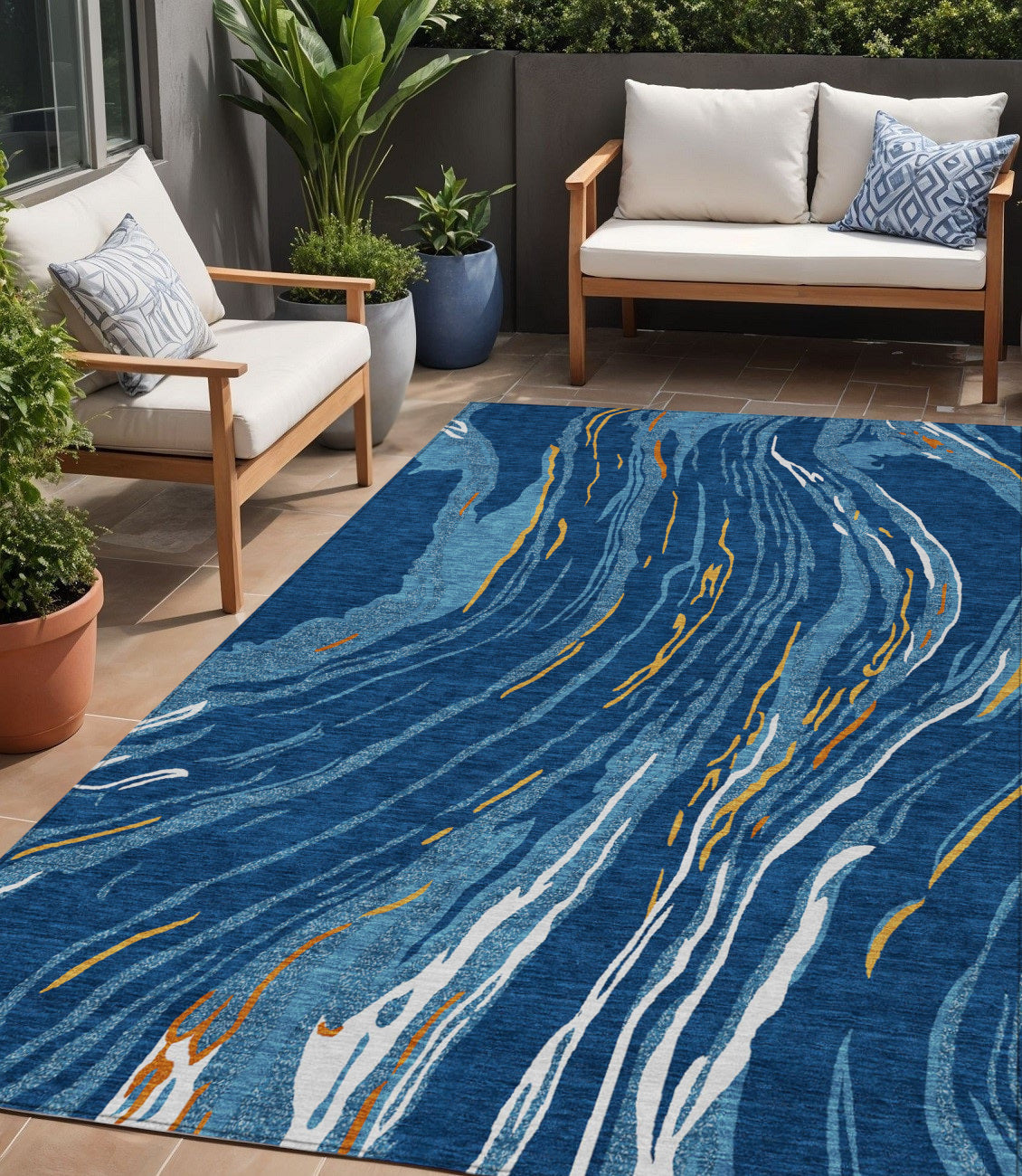 5 X 8 Navy Blue Gold And Copper Abstract Washable Indoor Outdoor Area Rug