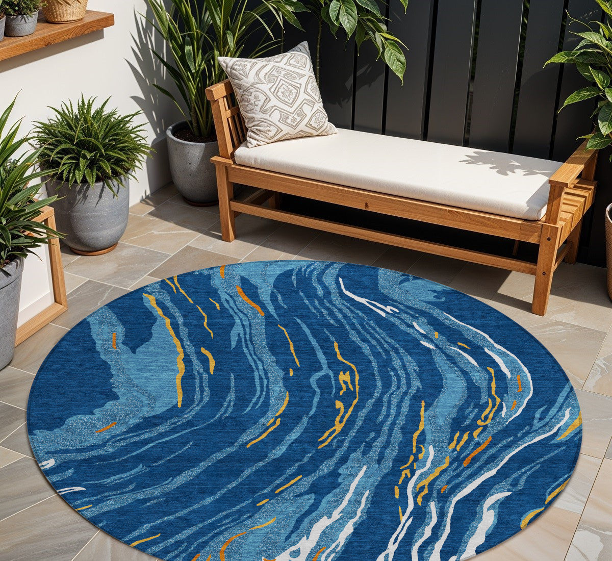 8 Navy Blue Gold And Copper Round Abstract Washable Indoor Outdoor Area Rug