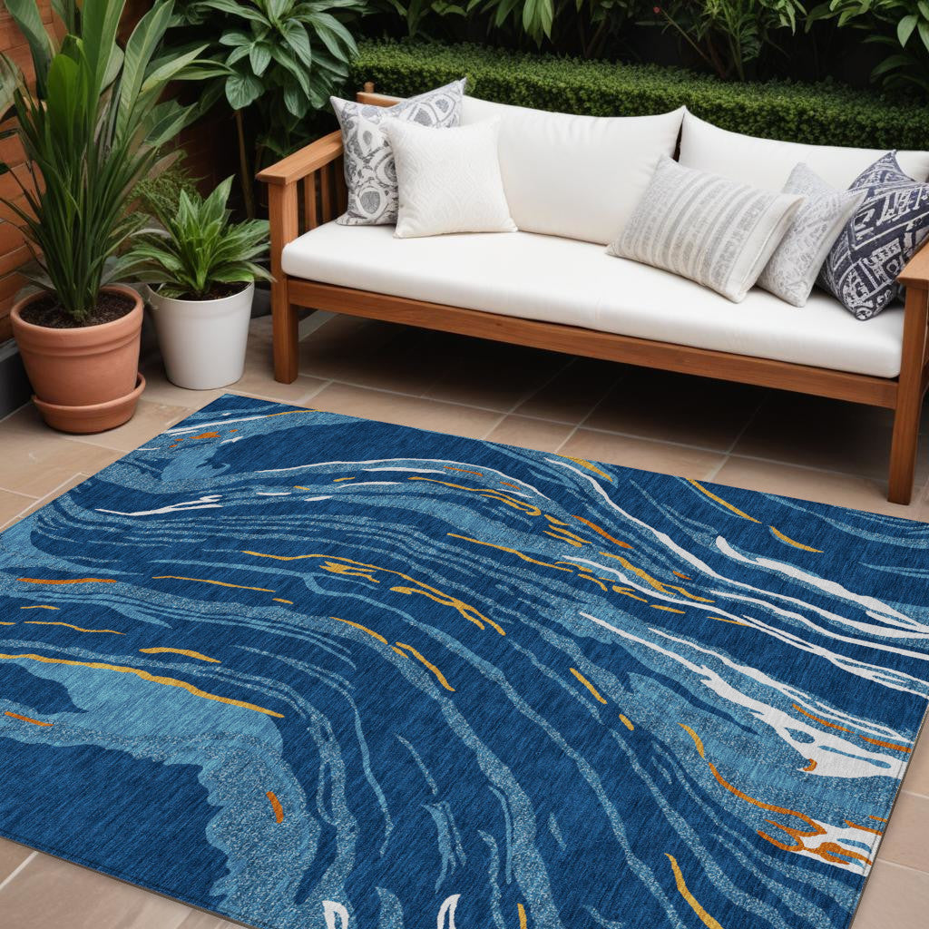 10 X 14 Navy Blue Gold And Copper Abstract Washable Indoor Outdoor Area Rug