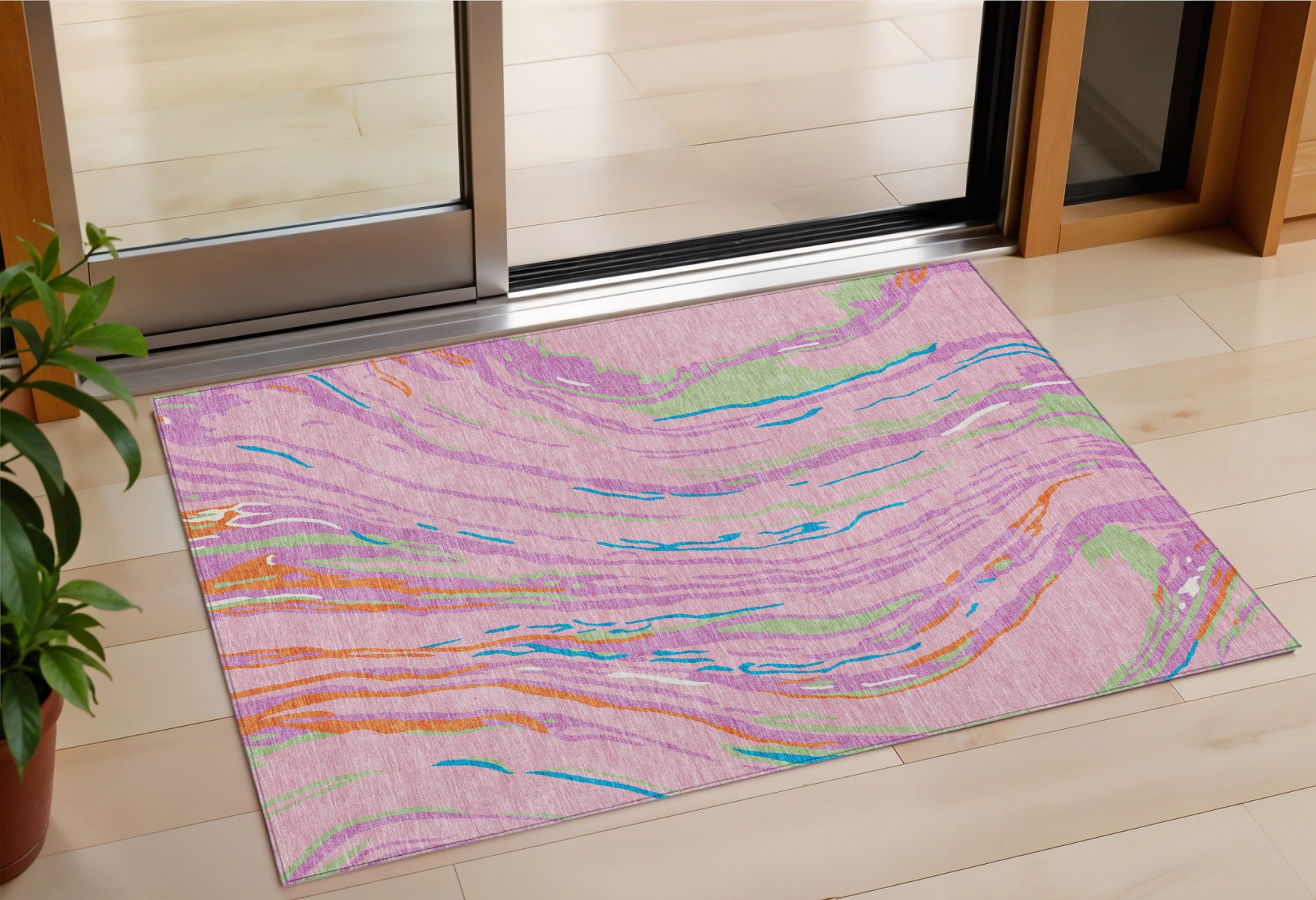 3 X 5 Pink Green And Teal Blue Abstract Washable Indoor Outdoor Area Rug