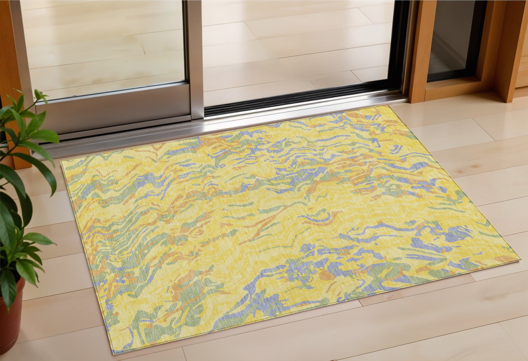3 X 5 Yellow Purple And Green Abstract Washable Indoor Outdoor Area Rug
