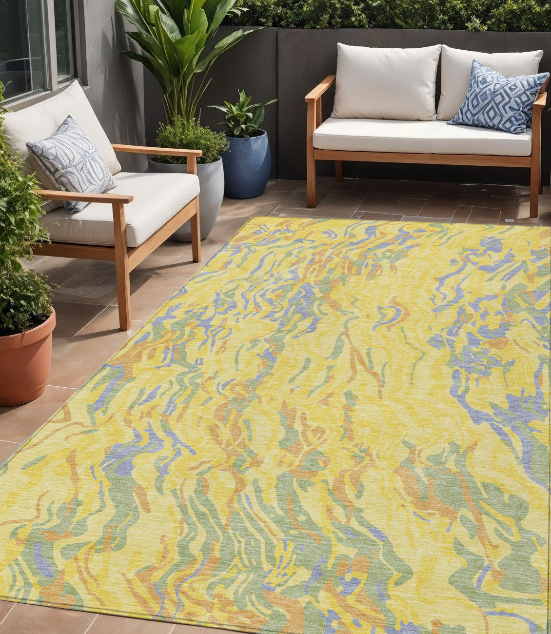 5 X 8 Yellow Purple And Green Abstract Washable Indoor Outdoor Area Rug