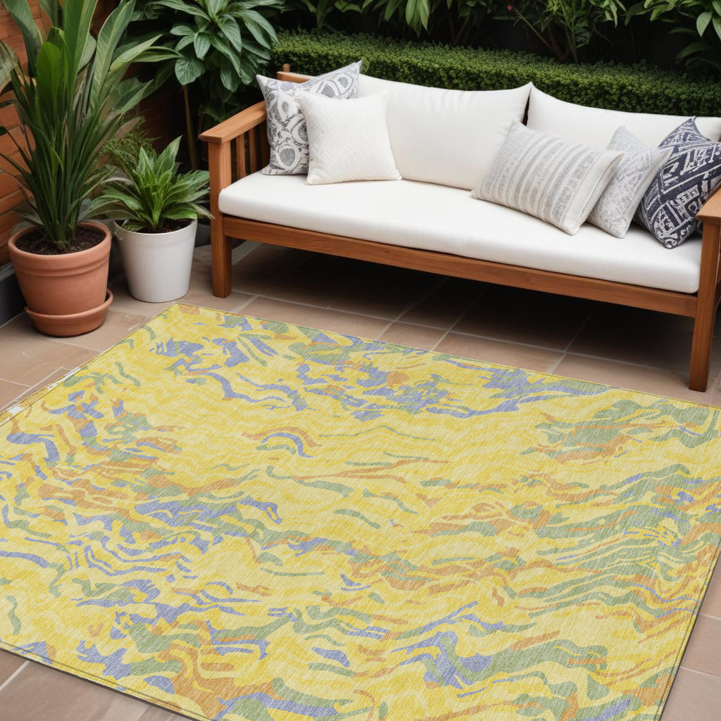 10 X 14 Yellow Purple And Green Abstract Washable Indoor Outdoor Area Rug
