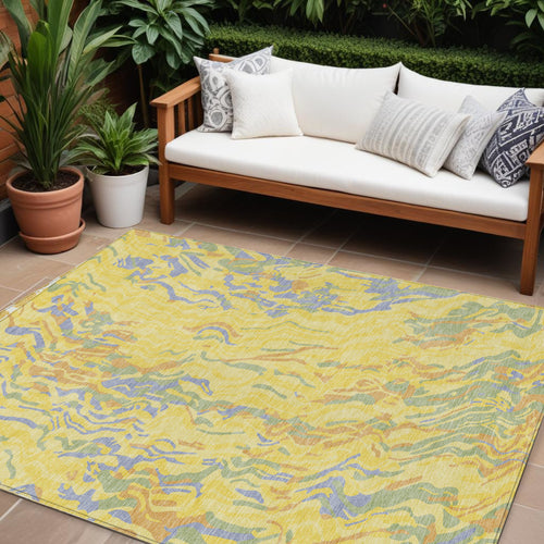 10 X 14 Yellow Purple And Green Abstract Washable Indoor Outdoor Area Rug