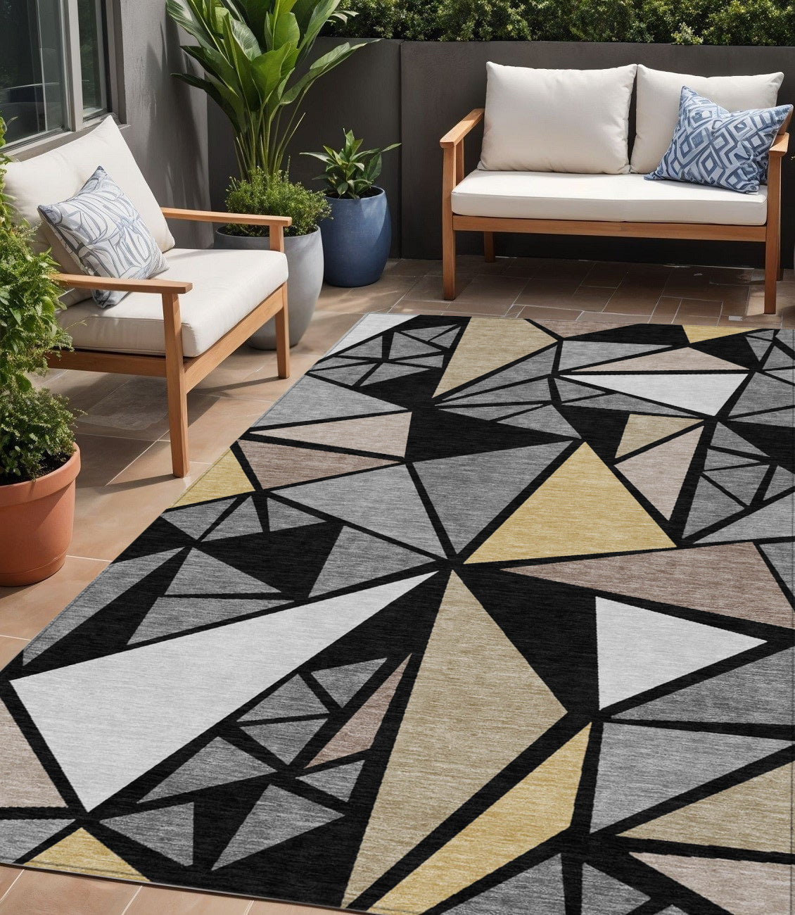 5 X 8 Black Beige And Gray Geometric Washable Indoor Outdoor Area Rug