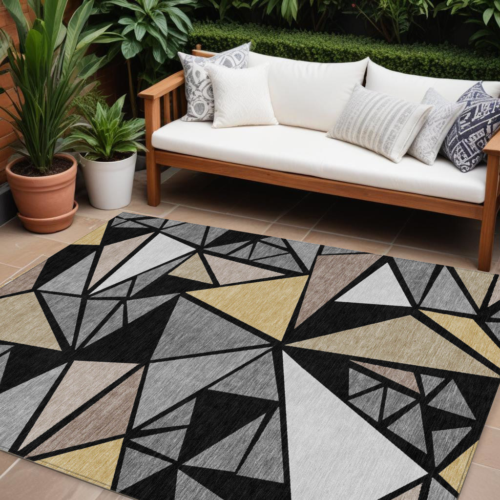 8 X 10 Black Beige And Gray Geometric Washable Indoor Outdoor Area Rug