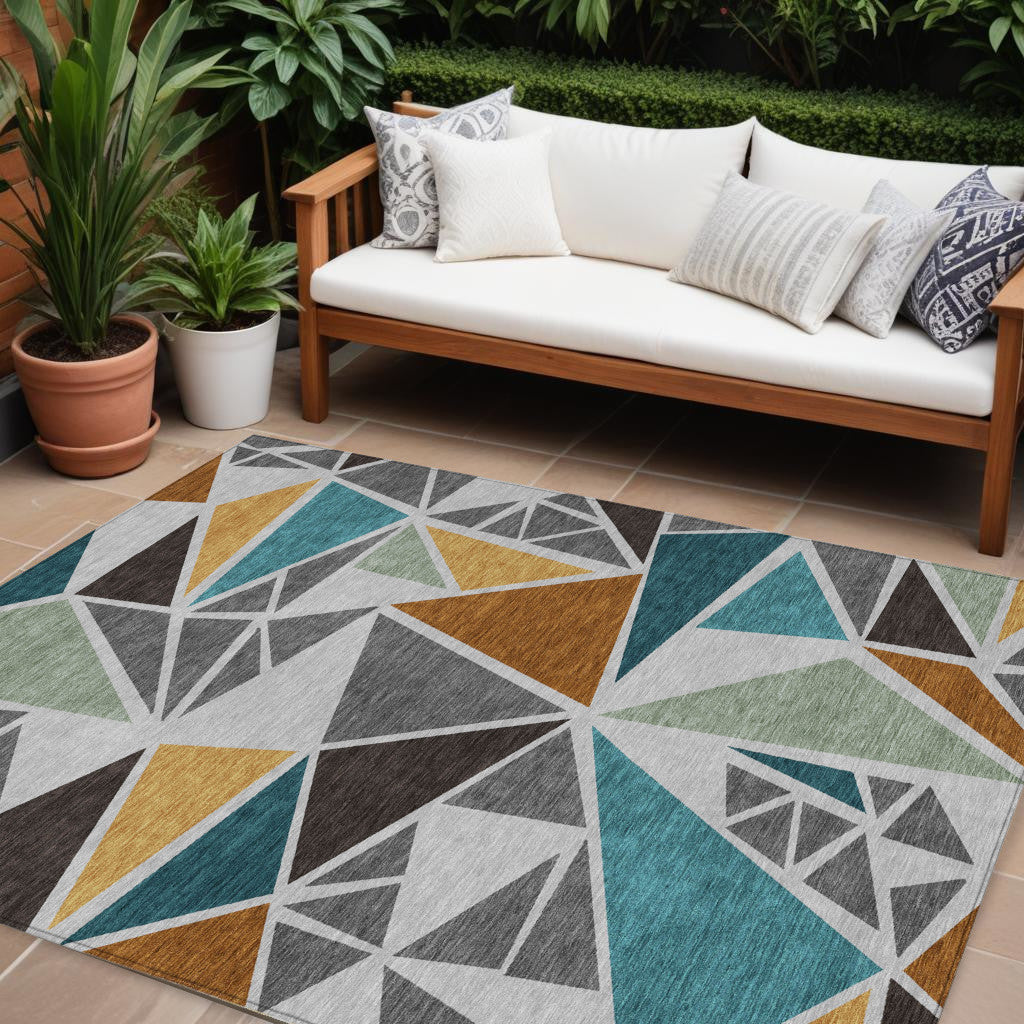 10 X 14 Gray Copper And Brown Geometric Washable Indoor Outdoor Area Rug