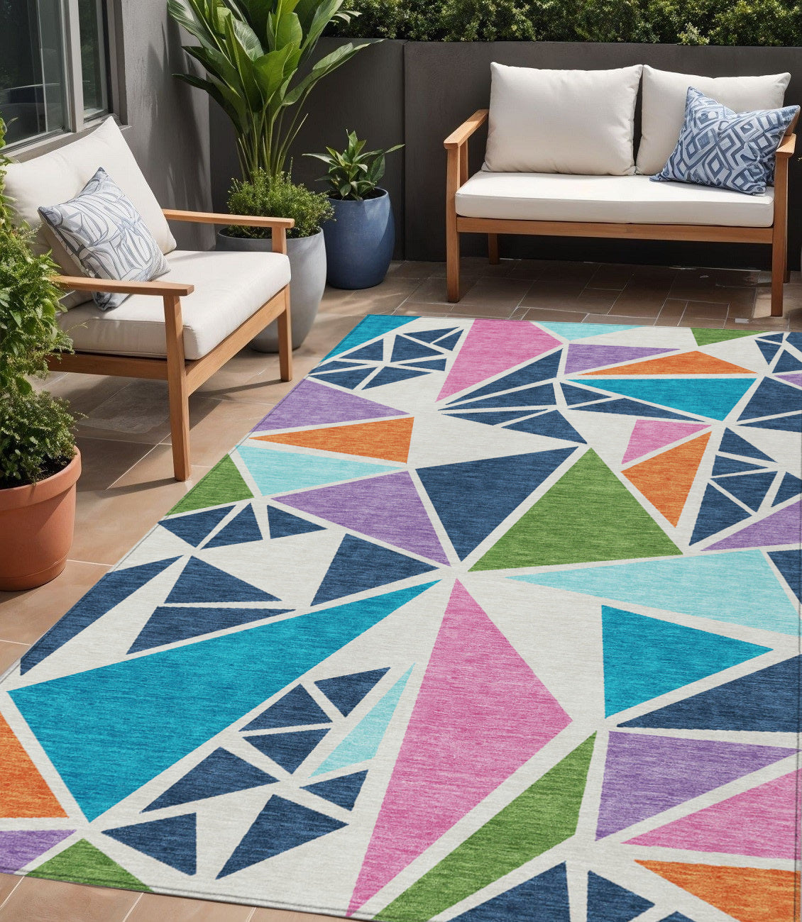 5 X 8 Dark Blue Green And Pink Geometric Washable Indoor Outdoor Area Rug