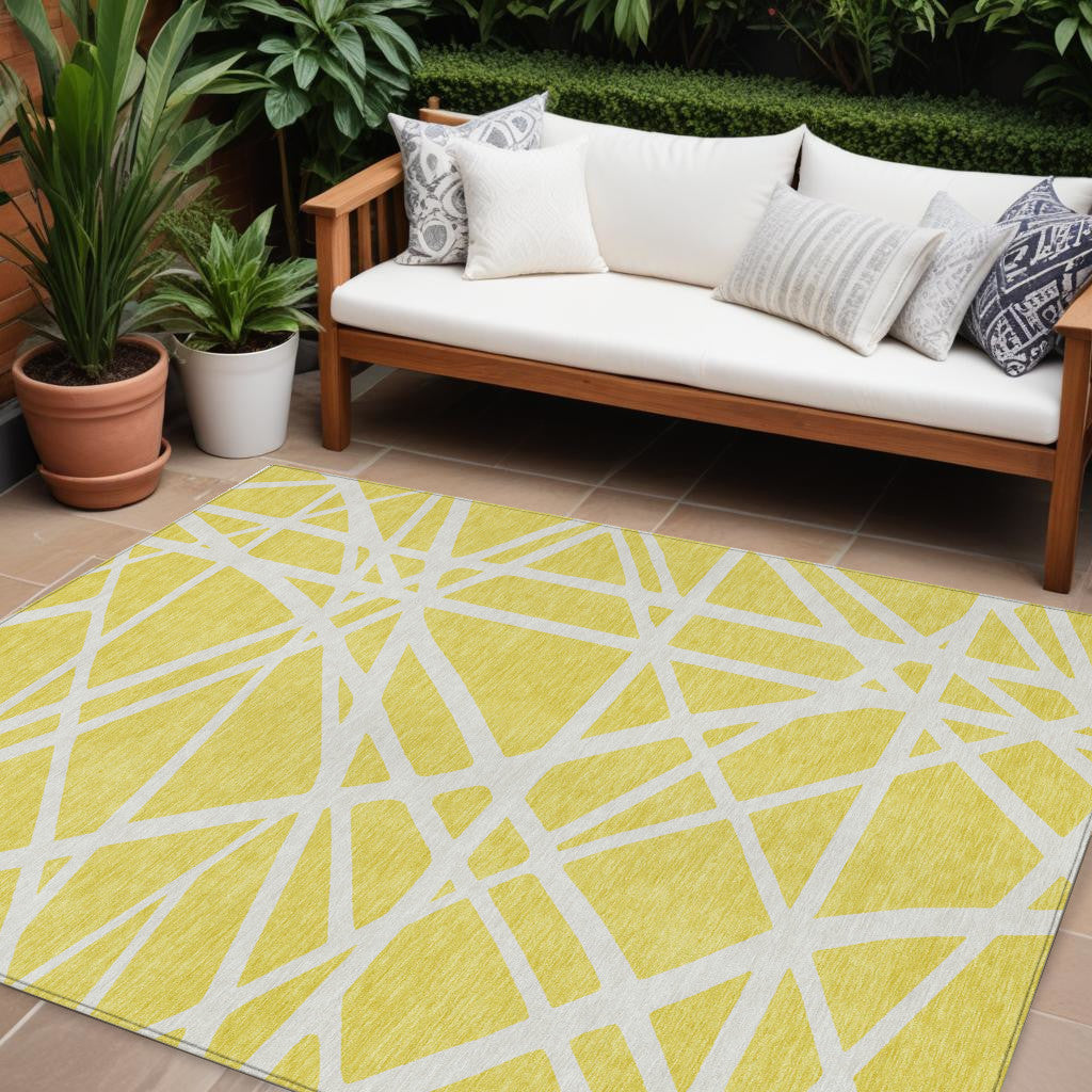 10 X 14 Yellow And Linen Geometric Washable Indoor Outdoor Area Rug