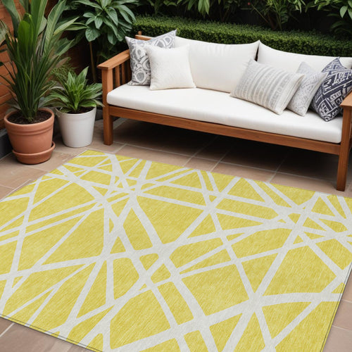 10 X 14 Yellow And Linen Geometric Washable Indoor Outdoor Area Rug