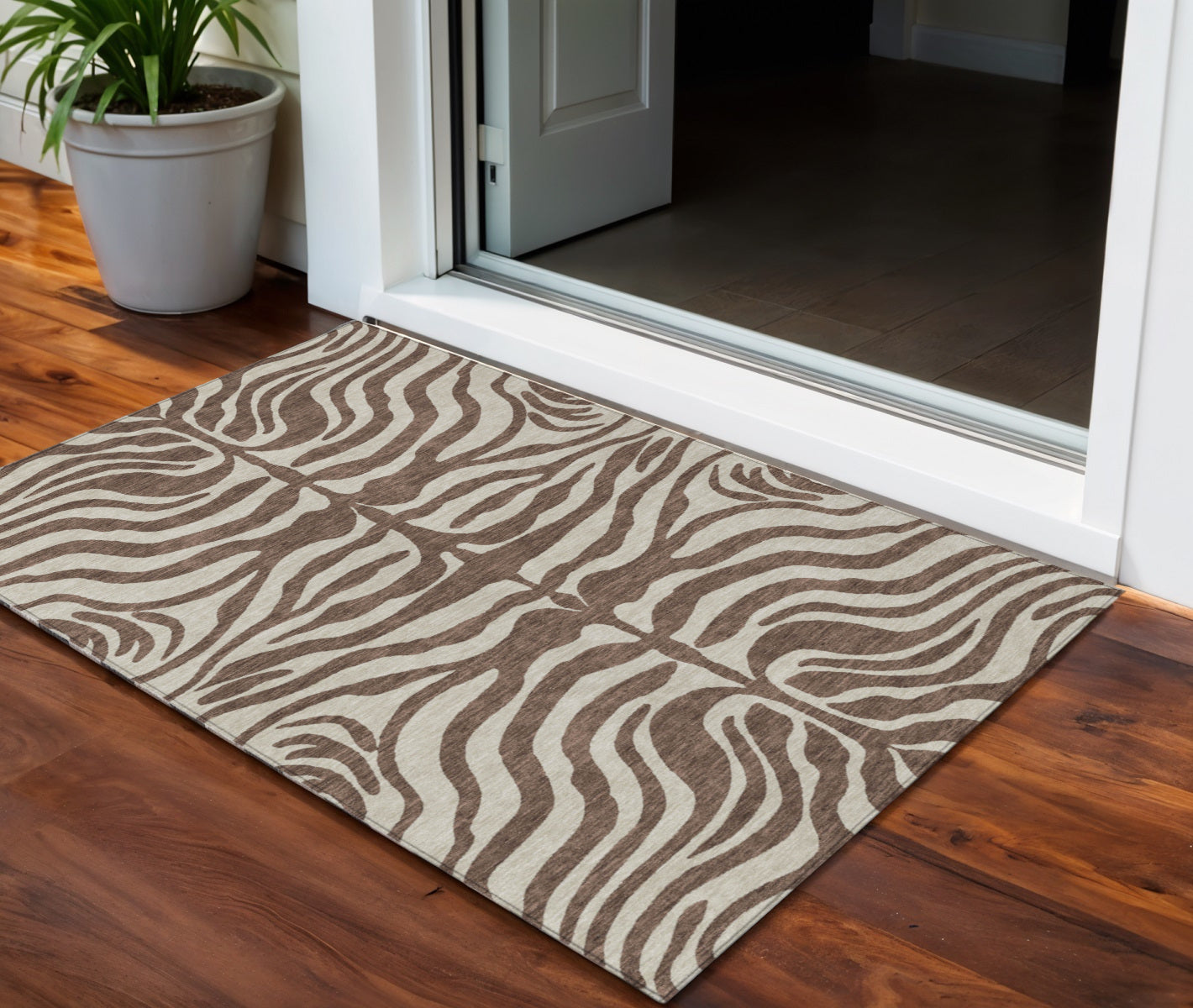 3 X 5 Brown And Beige Animal Print Washable Indoor Outdoor Area Rug