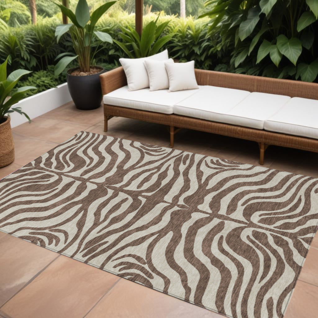 8 X 10 Brown And Beige Animal Print Washable Indoor Outdoor Area Rug