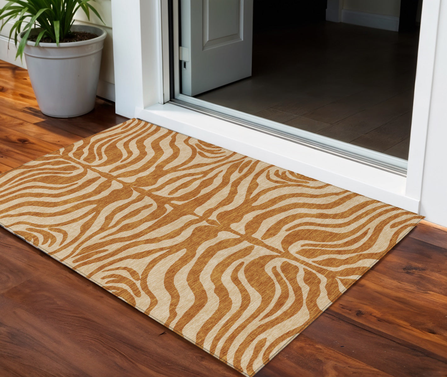 3 X 5 Copper And Tan Animal Print Washable Indoor Outdoor Area Rug